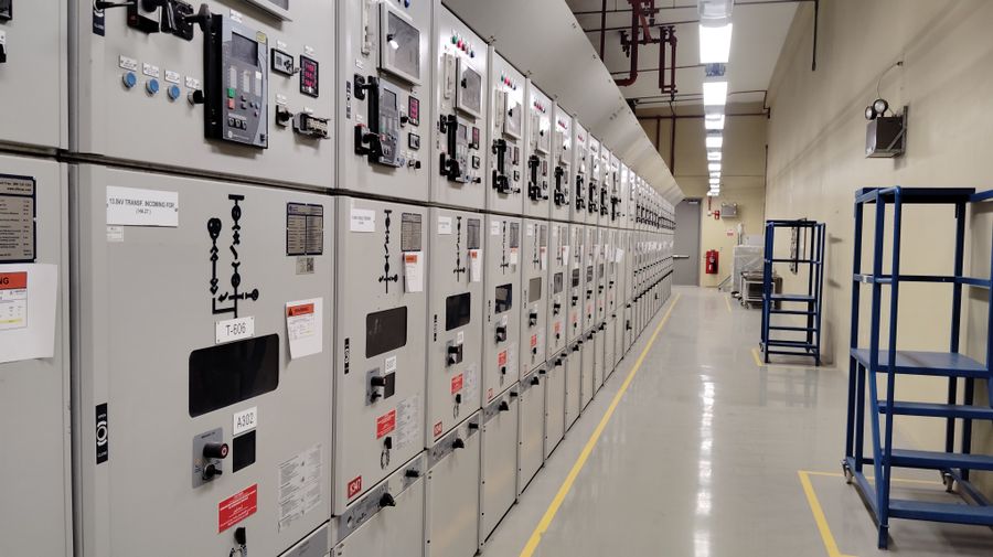 A switchroom lined with switchgear cubicles